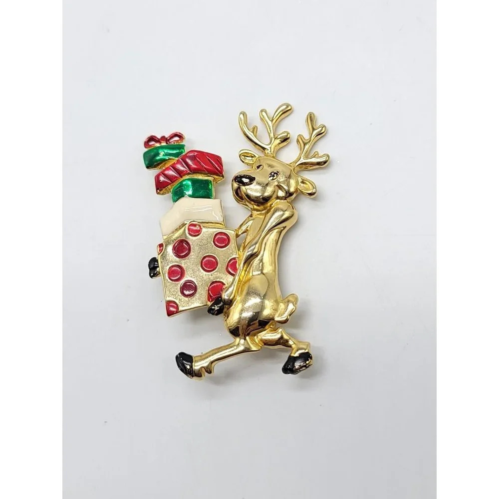 Danecraft Christmas Reindeer Brooch Enamel Gifts Gold Tone Pin Estate Vintage